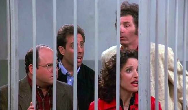 Jerry (Jerry Seinfeld), George (Jason Alexander), Elaine (Julia Louis-Dreyfus), and Kramer (Michael Richards) in jail in a scene from &amp;quot;The Finale&amp;quot;