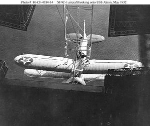 XF9C 1 aircraft hooking onto USS Akron, May 1932