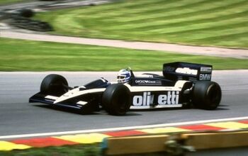 Brabham BT55 driven by Derek Warwick, in Druids Bend at the 1986 British Grand Prix, Brands Hatch, ML