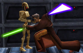 Green slicing a droid