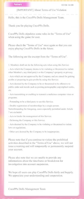 Important About Terms Of Use Violation 03 04 2020 Cocoppa Dolls Wiki Fandom
