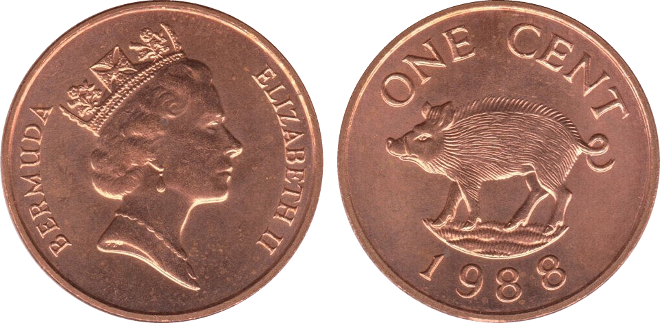 Bermuda 1976-1 Cent Bronze Coin Wild boar Queen Elizabeth II