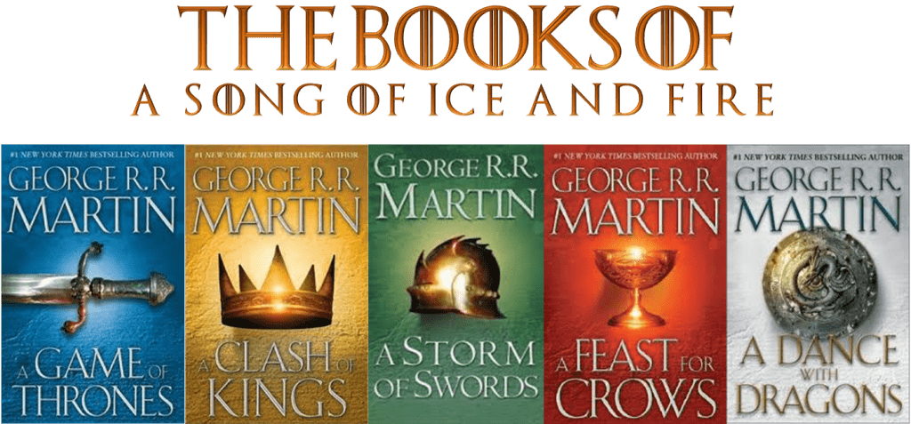 Book covers of the Game of Thrones series A Song of Ice and Fire