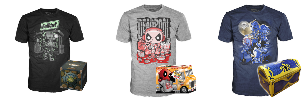 Fallout, Deadpoll, and Kingdom Hearts Funko Shirts