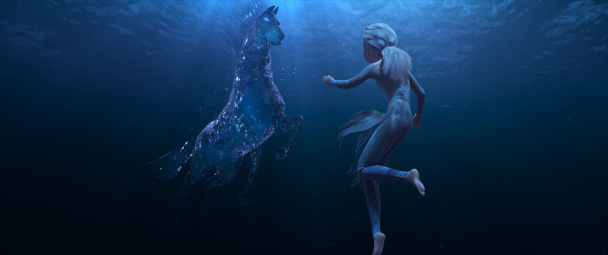 Elsa is underneath the waters of the Dark Sea, confronting the Nokk which is, and I cannot stress this enough, a horse made of water.