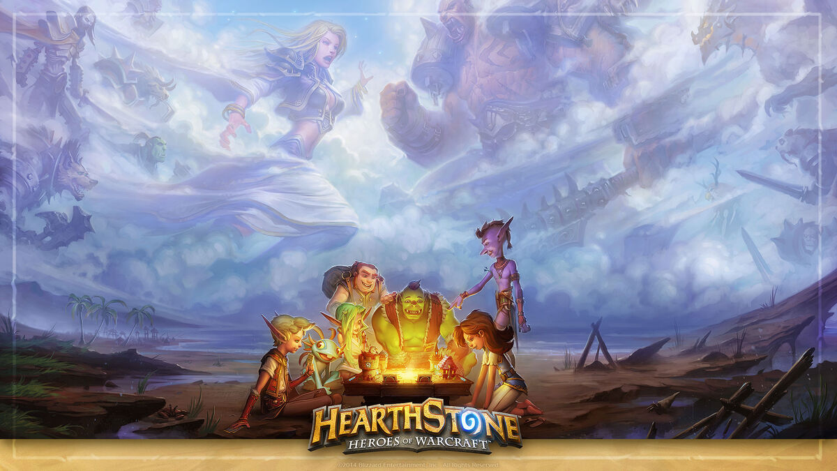 Alternate Hearthstone art with heroes in the sky