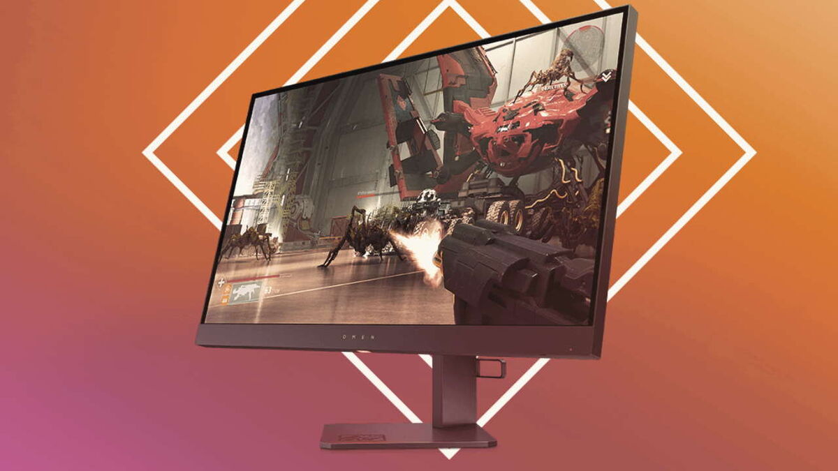The Omen x27 gaming monitor against an orange background
