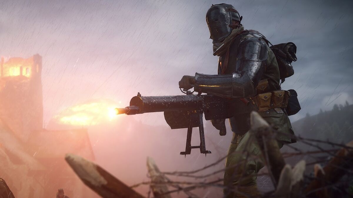 A Sentry, a playable Elite Class, fights during a Battlefield 1 match with a suit of armor and a 152-pound machine gun.