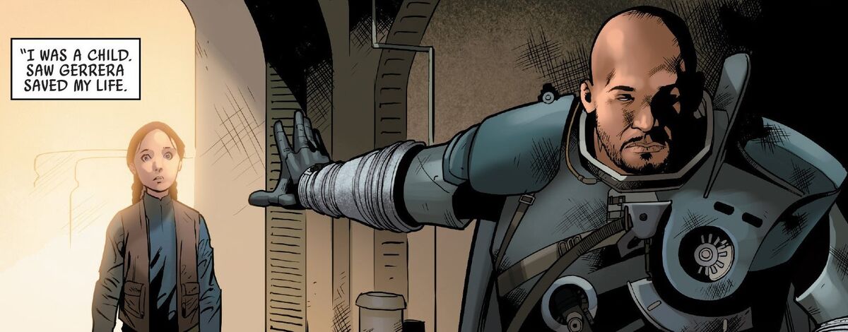 A comic book panel in which Jyn remembers Gerrera saving her life.
