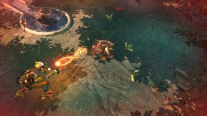 Krel fighting a Raytheoid and a swarm of Caustic Stingers