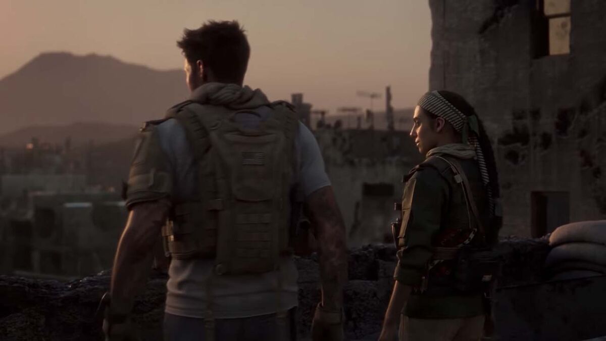 An American and a rebel woman chat as they look at a city view.