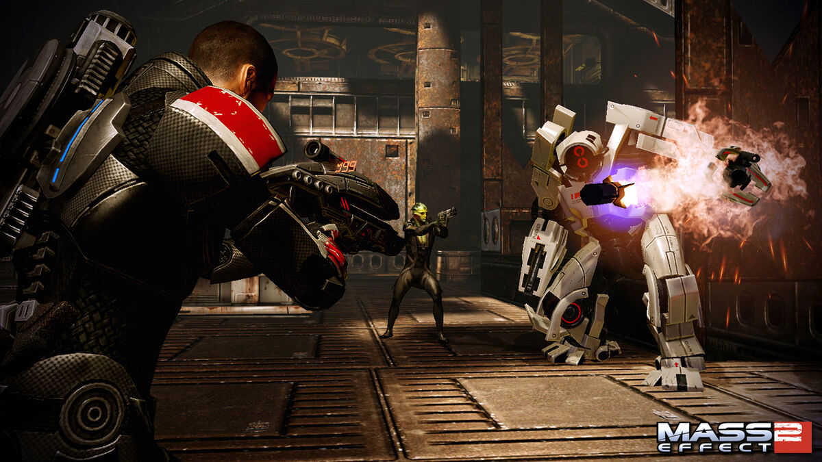 Shepard and Thane take down a YMIR Mech in Mass Effect 2