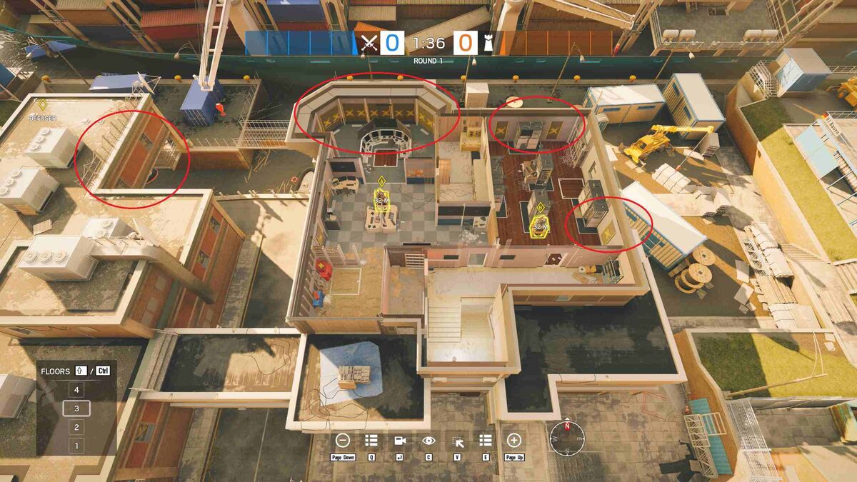 Red circles around all of the potential spawn-peeking points on Kanal.