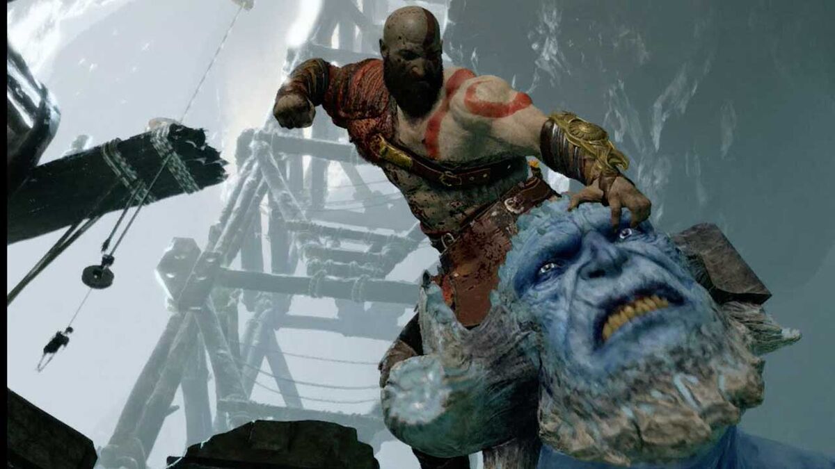 Kratos mounts a troll and punches it