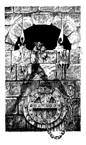 An image of Albert the mouse being held by the shoulders by Morgan the rat, in front of a dark tunnel. Two candles look like eyes in the darkness of the tunnel.