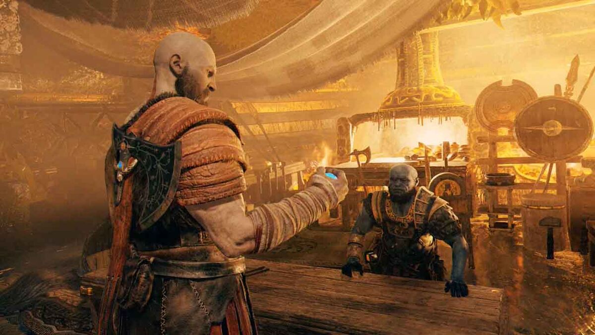 Brok gives Kratos a stone to let him travel between realms