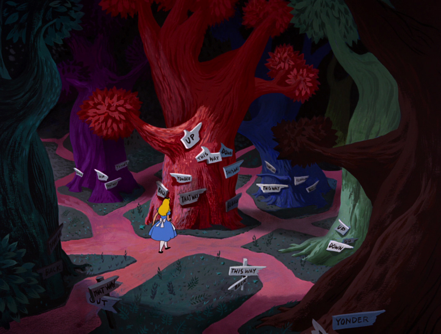 Алиса в стране чудес 9 глава. Кроссовер Дисней Alice Wonderland. Алиса в стране чудес 1951 лес. Алиса в стране чудес дерево.