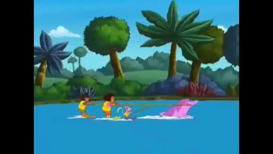 Image Dora, Boots, and Diego being pulled by the dolphin.jpg Dora