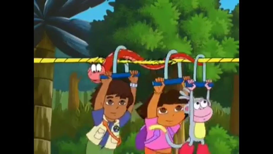 Image The snake helping Dora, Boots, and Diego through the zip line