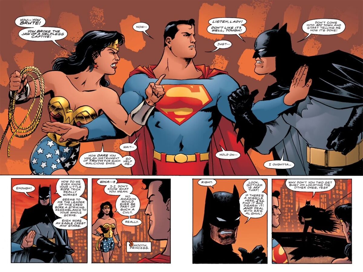 Superman tries to quell an arguement between Batman and Wonder Woman in &quot;Batman/Superman/Wonder Woman: Trinity&quot;
