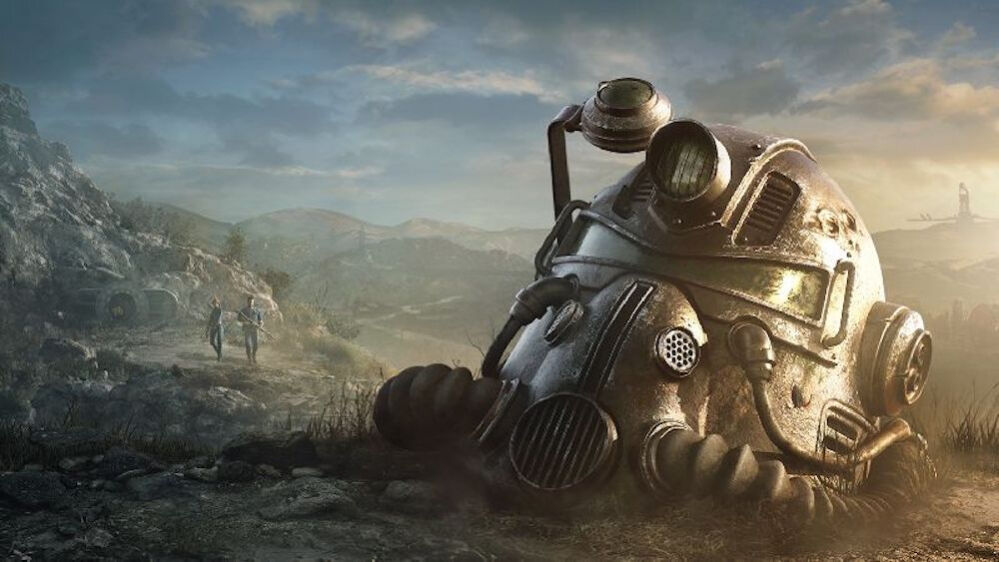Two player characters approach a fallen Power Armor helmet in the wastes.