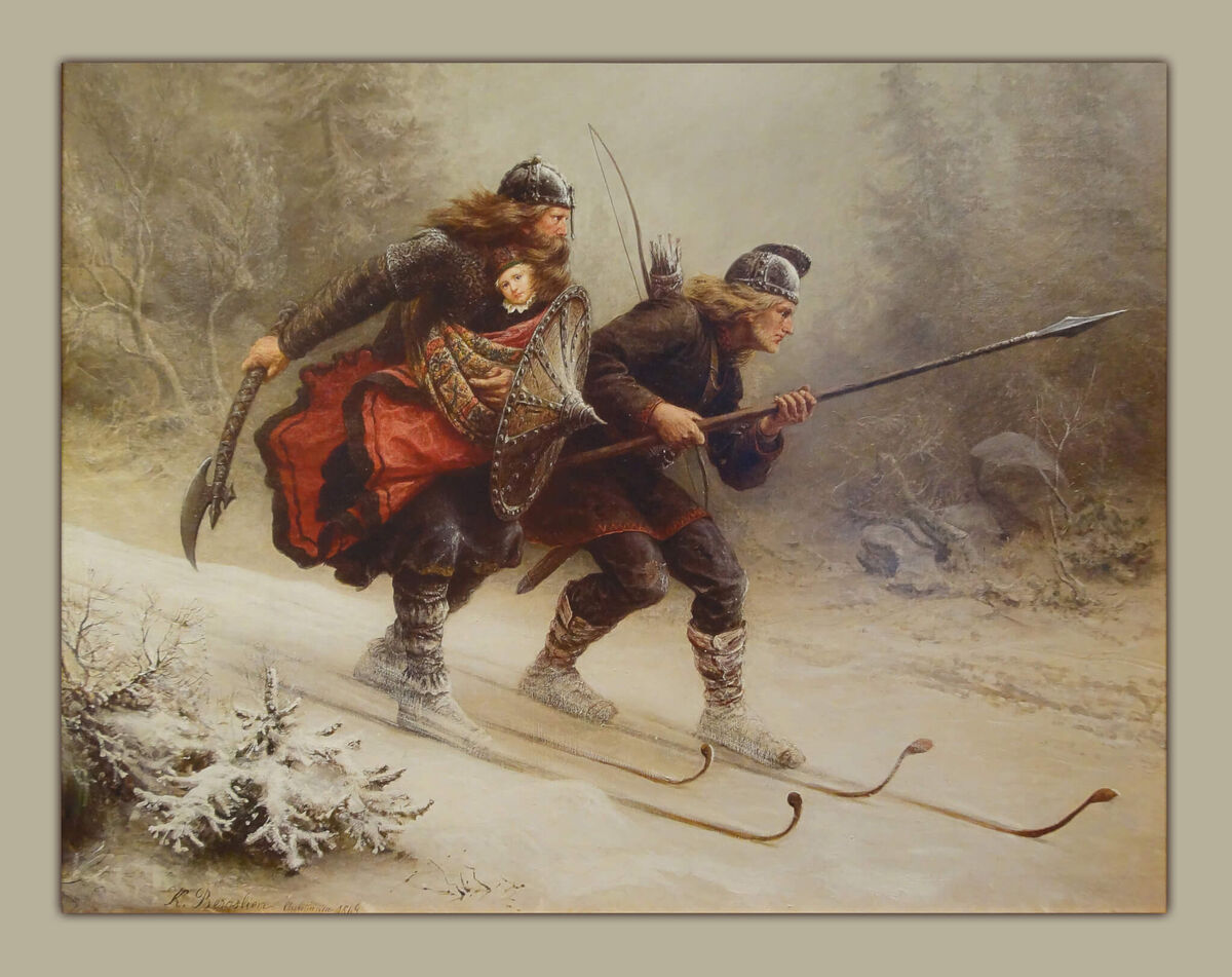 The Last King Painting - &quot;Skiing Birchlegs Crossing the Mountain with the Royal Child&quot;