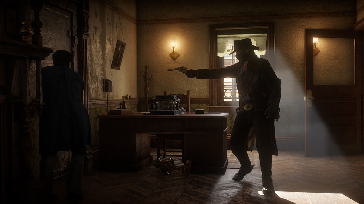 A bank robbing cowboy offers to make a deposit with a teller. Six bullets worth.