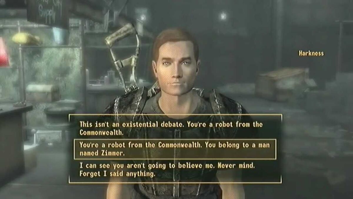 Fallout 3 Replicated Man quest dialogue screen with Harkness