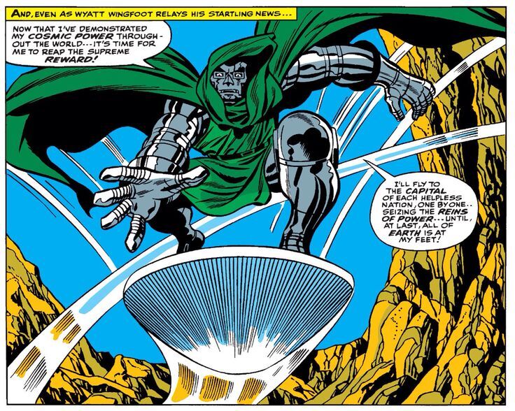 Doctor Doom rides Silver Surfer's board in a scene from Fantastic Four No. 57 (1966)