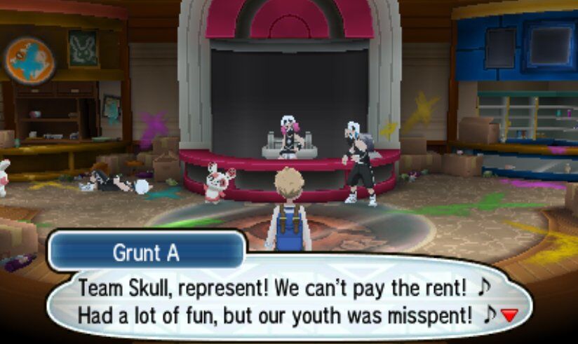 Team Skull sing a song about not being able to pay the rent.