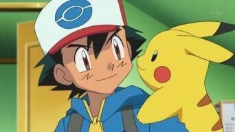 Ash and Pikachu smiling at each other.