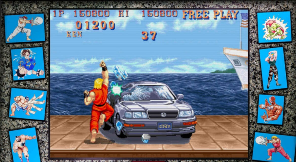 Ken Shoryuken attacks a car in the bonus stage