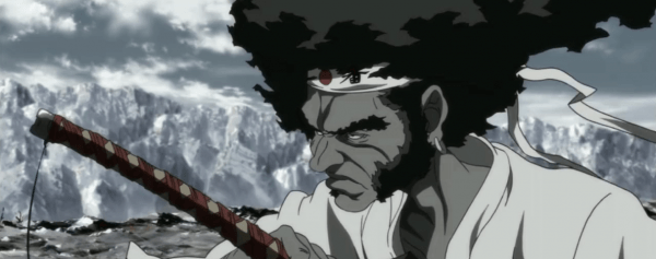 Afro Samurai prepares to draw his blade.