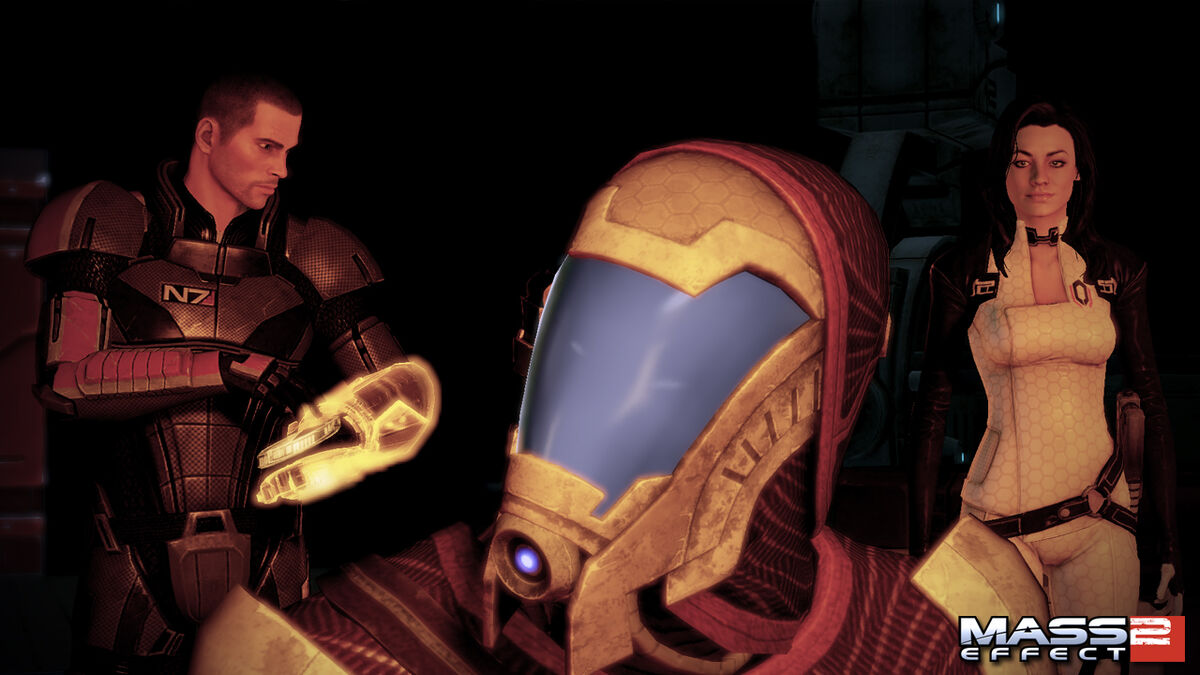 Shepard, Veetor, and Miranda look at Collector footage in Mass Effect 2