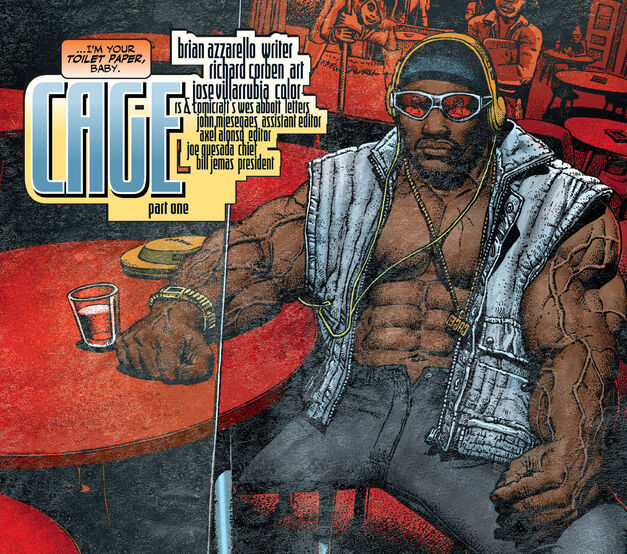 Overly buff Luke Cage in a bar looking like a rapper with sunglasses black beanie and hoodie vest