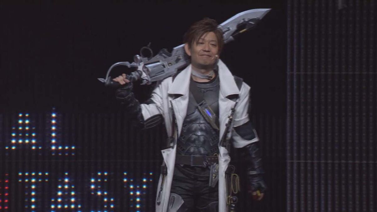 FFXIV Naoki Yoshida addresses the audience dressed as a Gunbreaker