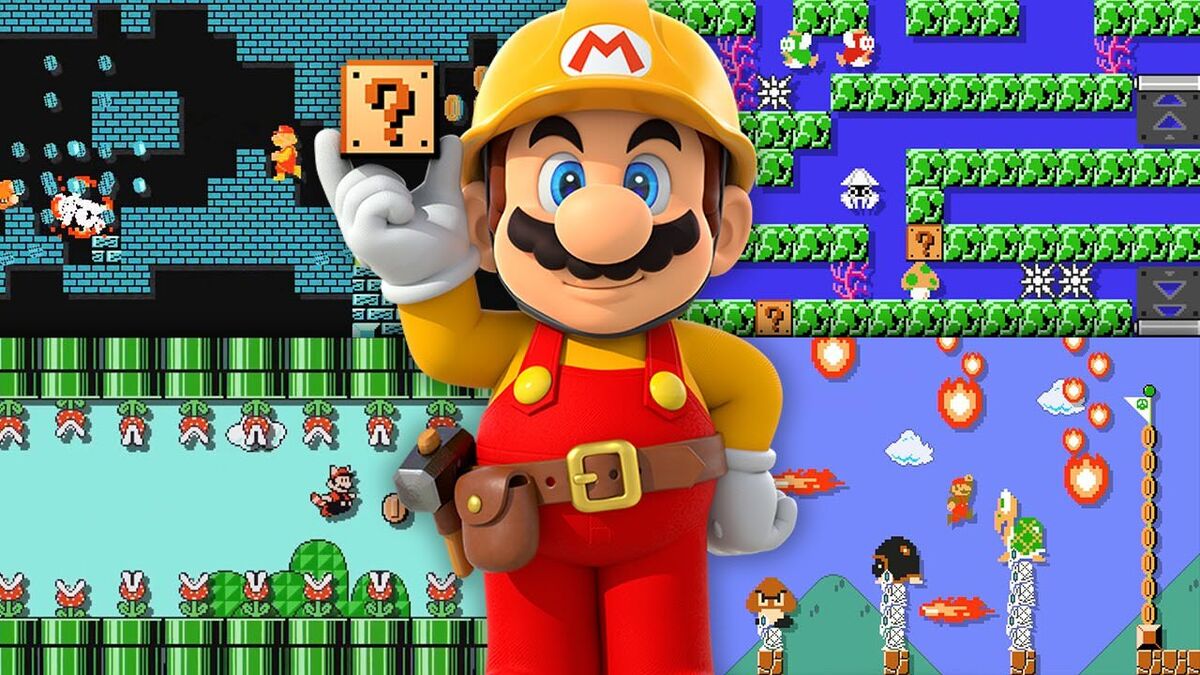 mario maker mario holding question mark cube and four Mario scene backgrounds