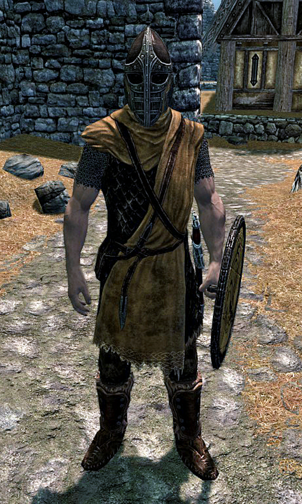 A Whiterun Hold Guard from Skyrim, just standing there staring at you.