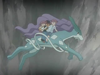 EP497 Ash, Marnie y Paige montados en Suicune