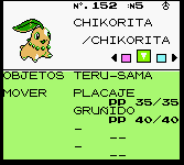 Chikorita recibido del Prof. Elm equipado con TERU-SAMA en vez de una Baya
