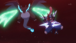 EP938 Mega-Charizard y Greninja Ash usando garra dragón y corte respectívamente