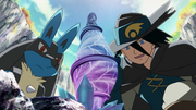 P08 Lucario y Sir Aaron viendo una flor del tiempo