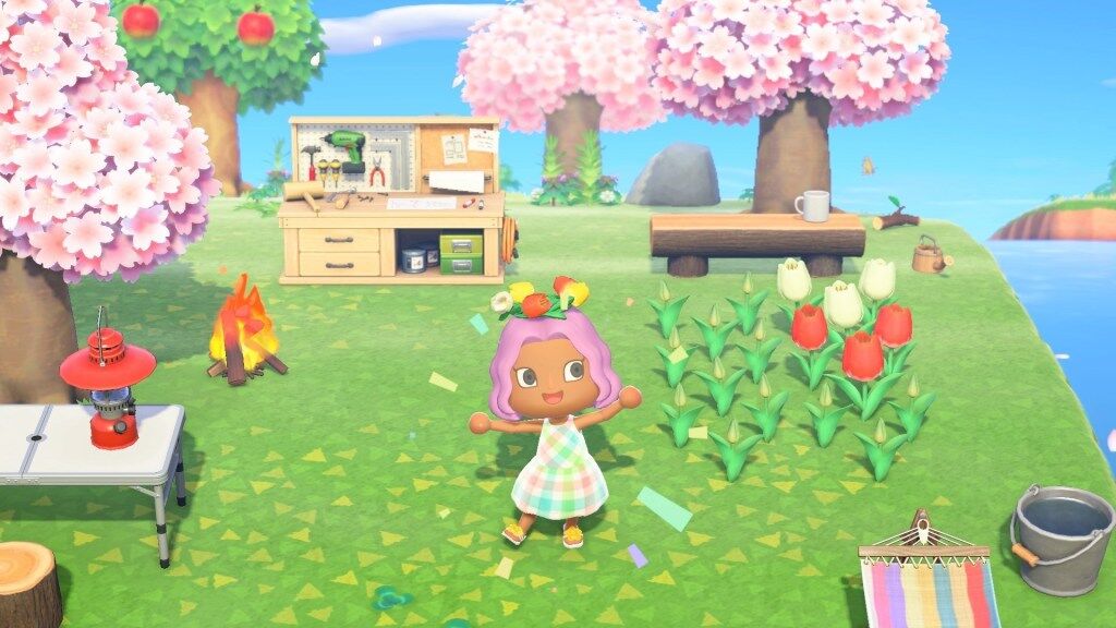 An Animal Crossing Villager excitedly shows off their new flower crown.