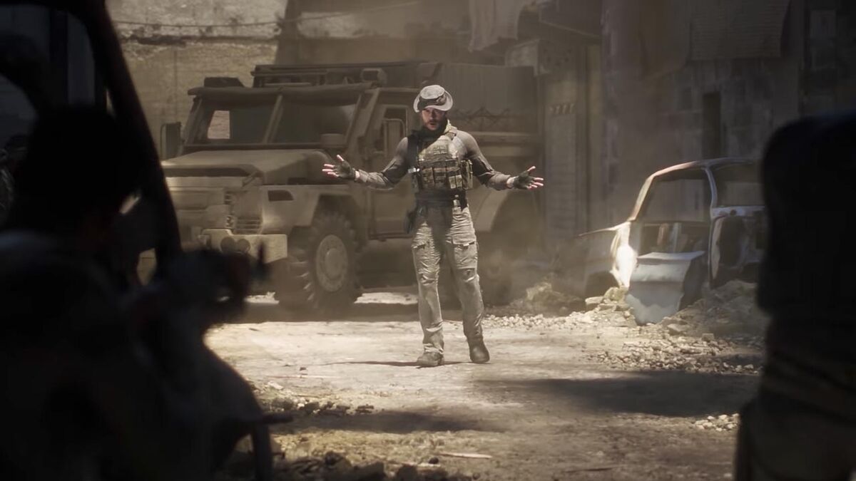 Captain Price approaches rebels with his hands up.