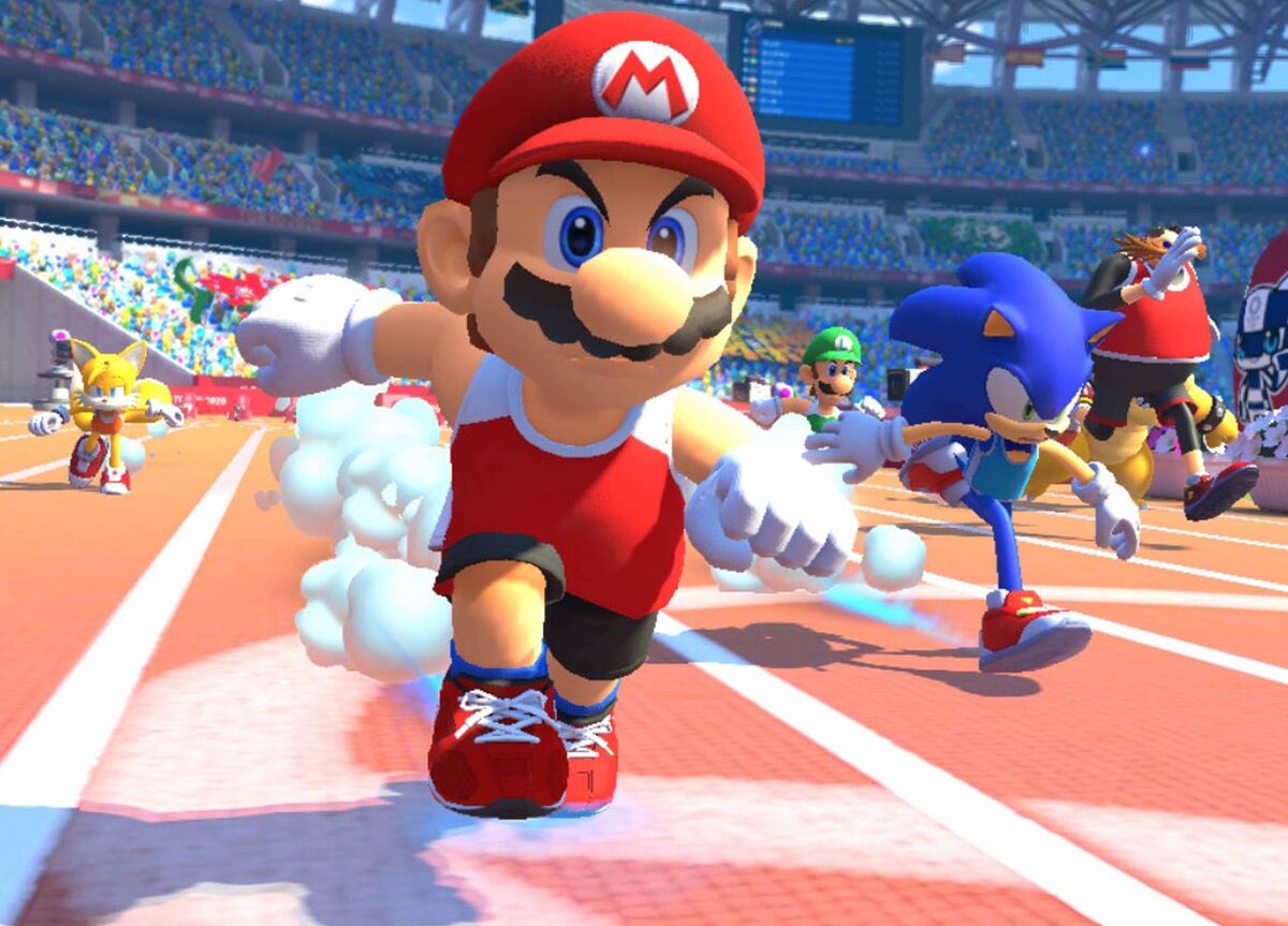 Mario in the lead in Mario and Sonic at the Olympics