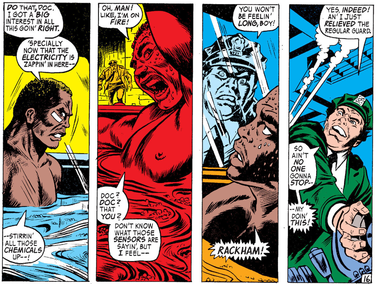 Panels from comic with Luke Cage in a hot tub and guard turning the heat up too high