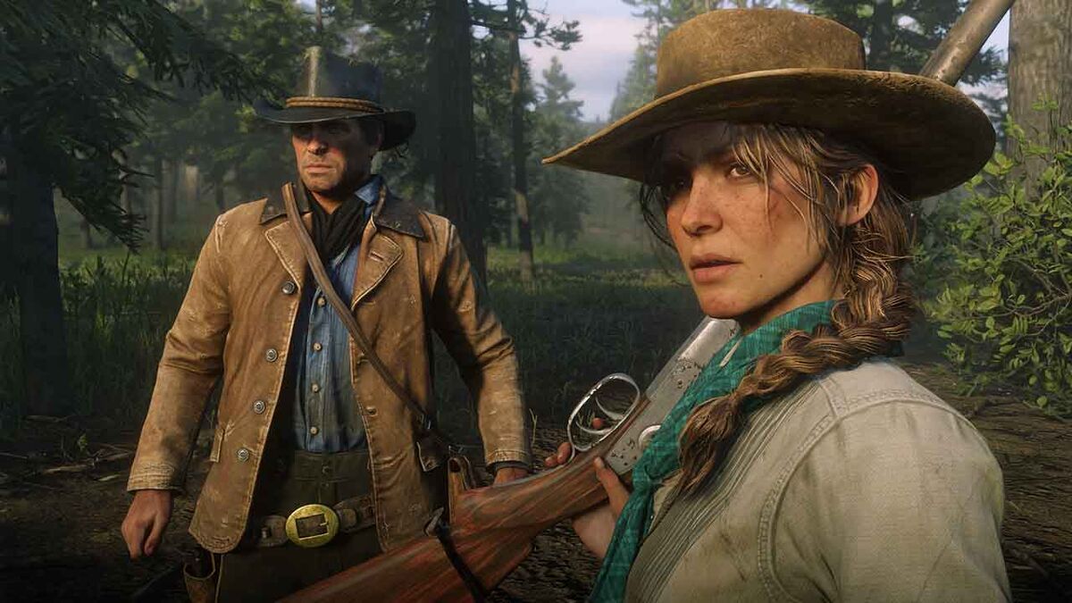 Arthur Morgan standing next to woman with rifle.