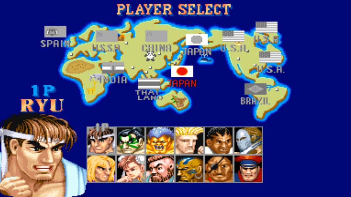Player loading screen selecting Ryu on Street Fighter II Turbo.