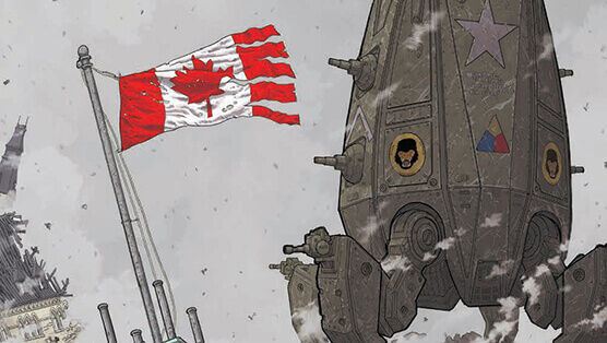 American mech against the Canadian flag from We Stand On Guard