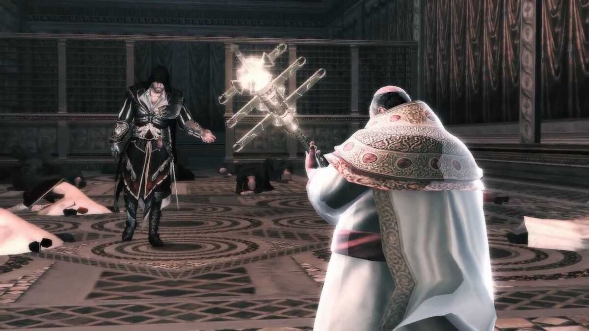 Ezio Auditore, a Renaissance-era Assassin, confronts Pope Alexander VI, a Templar.